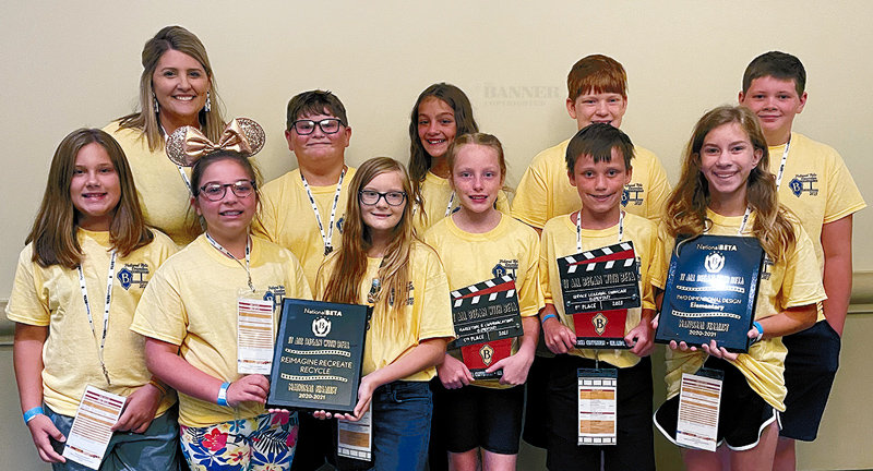 Elementary Beta Students — Front Row (L to R): Marissa Mueller, Callie Bryant, Sasa Lane, Chloe Rimmer, Noah Corss and Leah Cherry. Back Row: Sponsor Brittany Fowler, Wade Keymon and Ava Pinson, Brayden Arnold. Not Pictured: Carson Cooper and Aubrey Hammett.