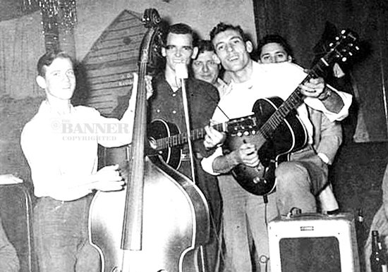 Ramsey Kearney with bass, Ed Cisco and Carl Perkins in Knick Knack Cafe in Jackson, Tennessee, 1949.