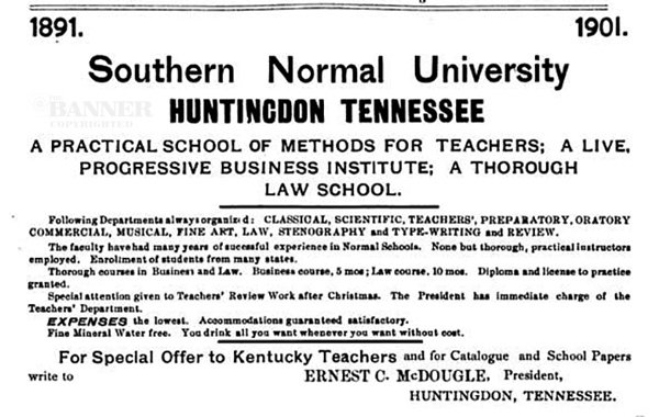 A newspaper advertisement for the Southern Normal School in Huntingdon, 1901.