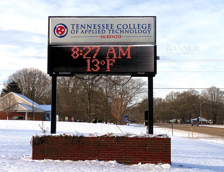 The Tennessee College of Applied Technology in McKenzie displays a temperature of 13 degrees early Friday morning.