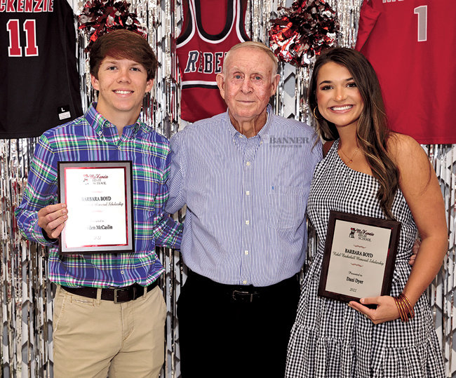 Barbara Boyd Memorial Scholarship recipients were Zayden McCaslin and Dani Dyer. They are joined by Jerry Boyd.