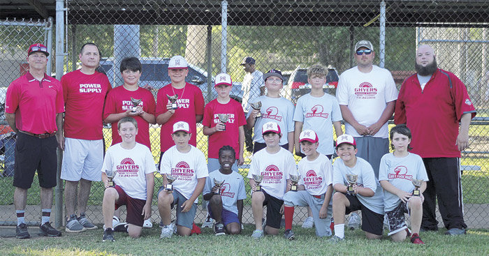 9-10 All Stars: Front: Camden Papich, Dierks Ghyers, Da’Von Webb, Jake Ghyers, Lucas Wilson, Cooper Cunningham, and Kage Gwaltney. Back: Case Wall, Seth Stafford, Lane Brown, Rex Thompson, and Hudson Garrett. Coaches are Rusty Thompson, Brian (Bubba) Stafford, Mark Ghyers, and Chris Fisher.