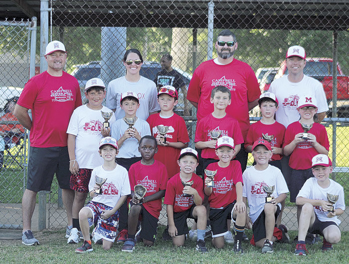 Coach Pitch All Stars: Front: Ripken Brown, King Howard, Tripp Hollowell, Jake Stafford, Benson Beard, and Heath Johnson. Back: Kenden Coleman, Reece Milam, Kirk Phillips, Cord Wall, Lawson Ownby, and Ronan Stenberg. Coaches are Justin Stafford, Laura Beth Milam, Allen Ownby, and Aaron Johnson.