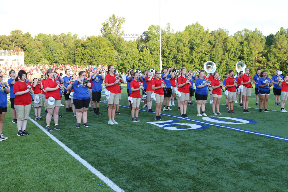 The McKenzie and Huntingdon High School bands came together at the start of the game to perform the National Anthem.