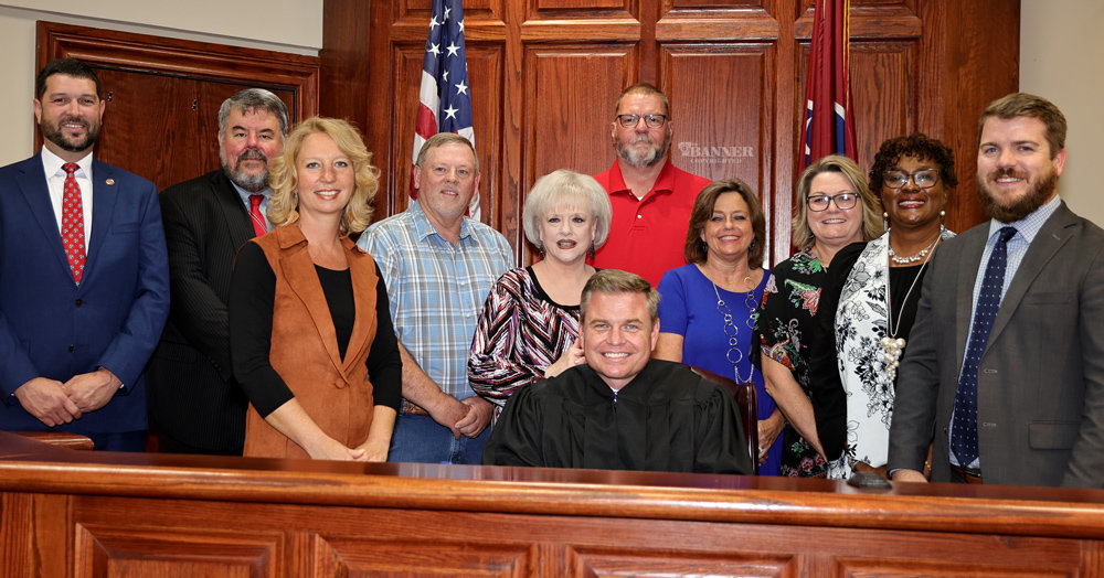 County-wide Officials — (seated) General Sessions Judge Michael King. (L to R) District Attorney Neil Thompson, Sheriff Andy Dickson, Circuit Court Clerk Sarah Bradberry, Road Commissioner Ricky Scott, Property Assessor Rita Jones, Road Commissioner Ronnie Wade, Trustee Paula Bolen, County Clerk Darlene Kirk, Register of Deeds Natalie Porter and County Mayor Joseph Butler.