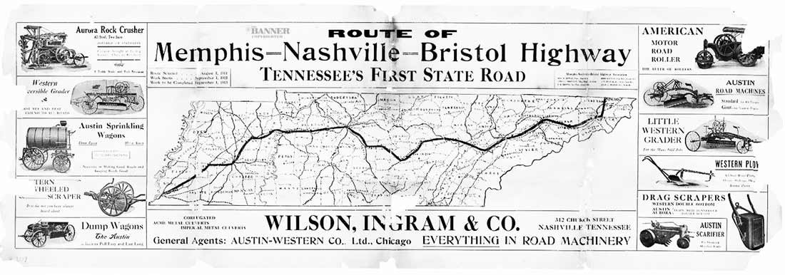 A vintage advertisement map for Tennessee’s First State Road.