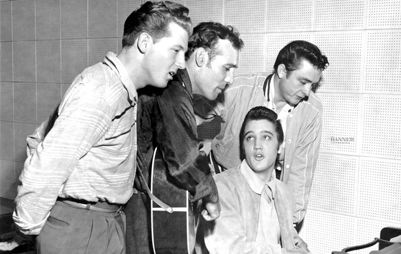 The Million Dollar Quartet (L to R): Jerry Lee Lewis, Carl Perkins, Elvis Presley and Johnny Cash. December 4, 1956 in Memphis, Tennessee. This was a one night jam session at Sun Studios.