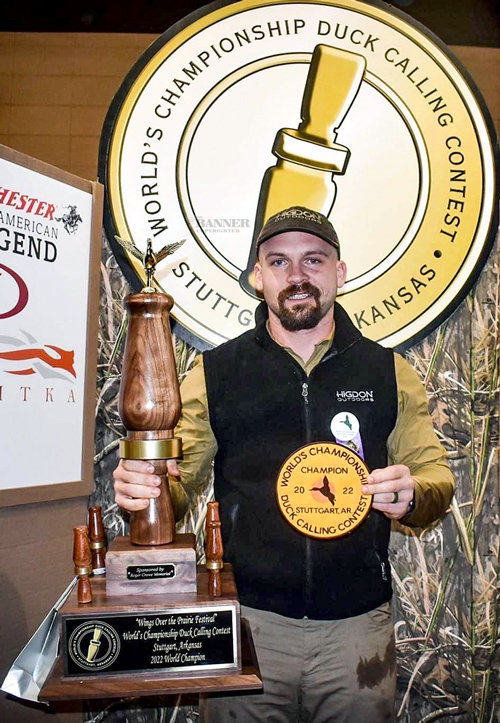 Seth Fields with his World Championship Duck Calling Trophy following his victory in Arkansas.