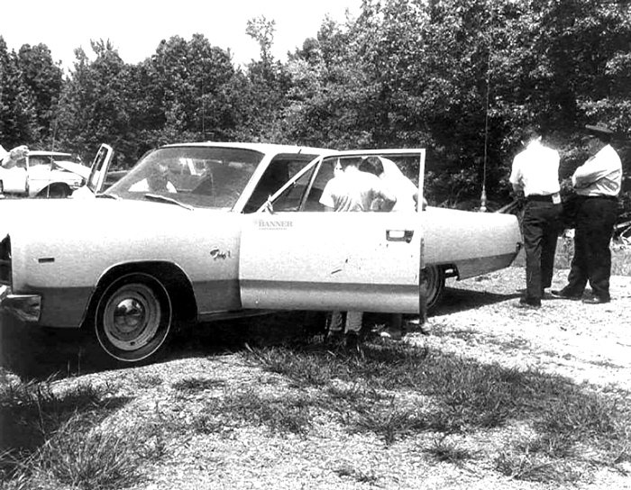 Photos of the Pussers’ Plymouth Fury in which she was murdered and Buford’s jaw was blown off.
