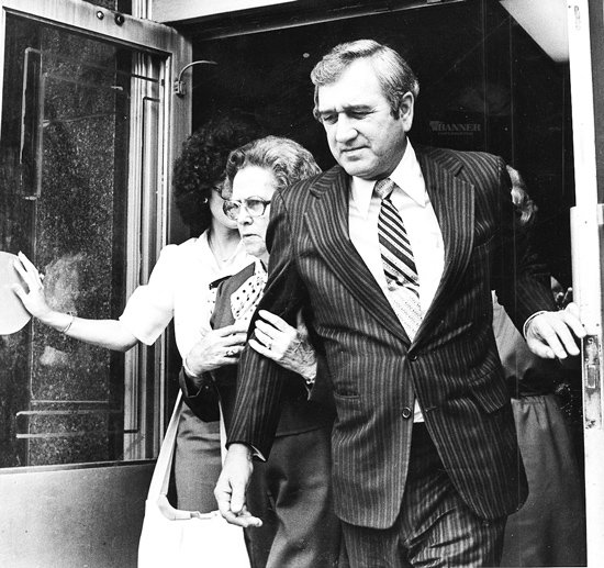 Former Governor Ray Blanton leaving the federal courthouse with his mother, Mrs. Ova Blanton, during the noon break in his seven hours of testimony in his own defense.