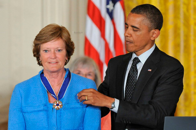 President Barack Obama awards the Presidential Medal of Freedom to University of Tennessee women’s basketball coach Pat Summit at the White House on May 29, 2012.