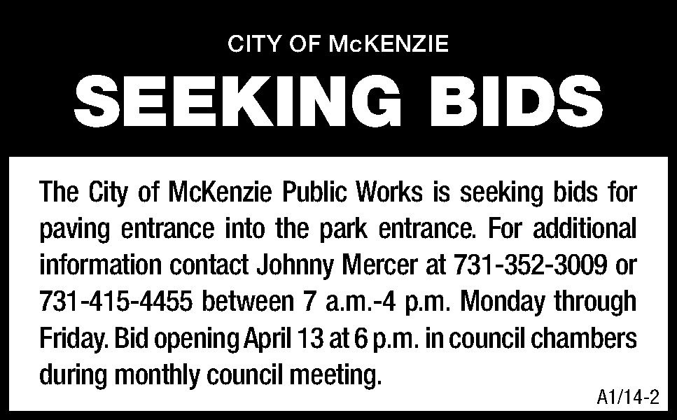 City of McKenzie - Bids for Paving Park Entrance | The Mckenzie Banner