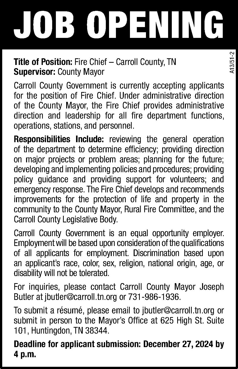 Carroll County Job Opening - Fire Chief | The Mckenzie Banner