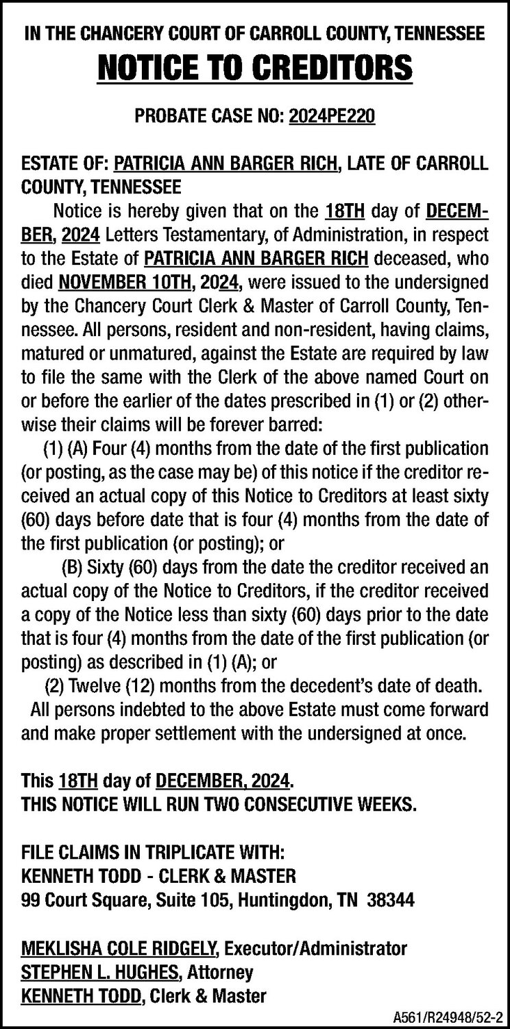 Notice to Creditors - RICH | The Mckenzie Banner