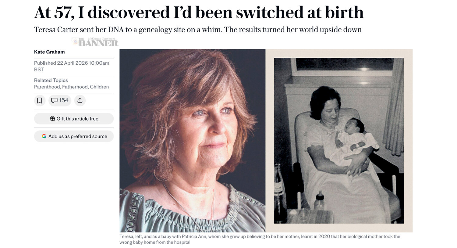 Teresa Carter’s Story About Being Switched at Birth Appears in the London Telegraph