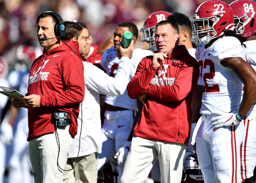 Alabama offensive coordinator Steve Sarkisian and analyst Butch Jones on the sidelines during the first half of an NCAA football game against Mississippi State Saturday, Nov. 16, 2019, at Davis Wade Stadium in Starkville, Miss.