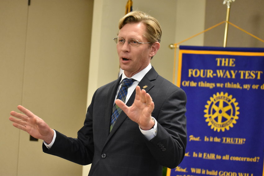 State Superintendent of Education Eric Mackey speaks to the Rotary Club of Jasper in December.