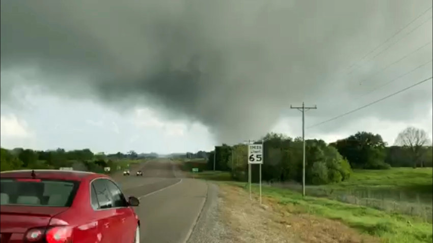 This image made from video provided by Thomas Marcum shows a tornado seen from State Highway 48 in Durant, Okla., Wednesday, April 22, 2020. (Thomas Marcum via AP)