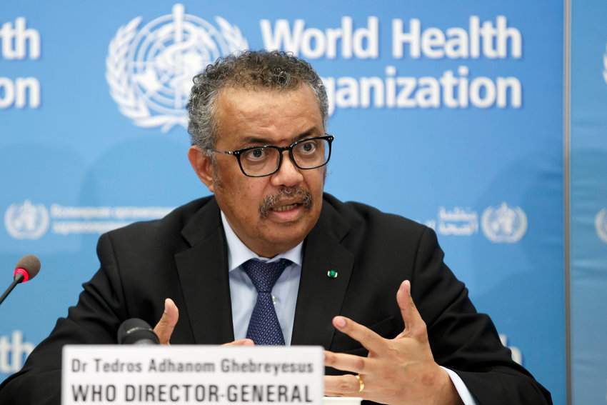 FILE - In this Monday, Feb. 24, 2020 file photo, Tedros Adhanom Ghebreyesus, Director General of the World Health Organization (WHO), addresses a press conference about the update on COVID-19 at the World Health Organization headquarters in Geneva, Switzerland. The European Union is calling for an independent evaluation of the World Health Organization&rsquo;s response to the coronavirus pandemic, &ldquo;to review experience gained and lessons learned.&rdquo; (Salvatore Di Nolfi/Keystone via AP, File)