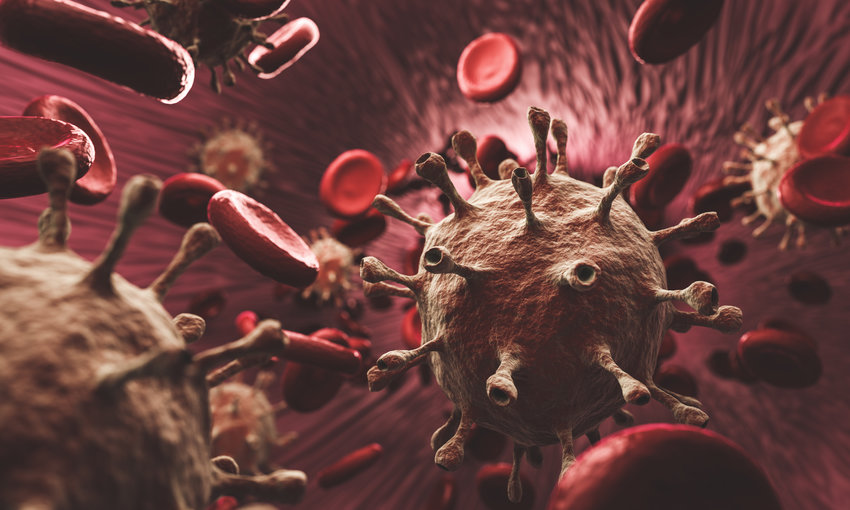 Coronavirus and blood cells in organism. Virus causing pandemic around the world. 3D render