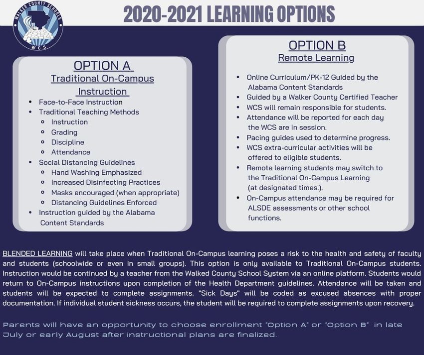 This graphic details learning options that will be available to county schools' students during the 2020-21 school year.