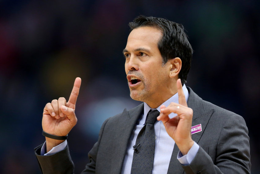 Miami Heat coach Erik Spoelstra questions a referee during the first half of the team's NBA basketball game against the New Orleans Pelicans in New Orleans, Friday, March 6, 2020. (AP Photo/Rusty Costanza)