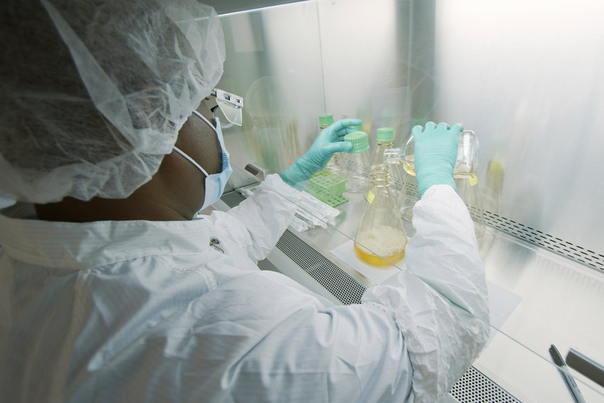 In this May 2020 photo provided by Eli Lilly, a researcher tests possible COVID-19 antibodies in a laboratory in Indianapolis. Antibodies are proteins the body makes when an infection occurs; they attach to a virus and help it be eliminated. (David Morrison/Eli Lilly via AP)