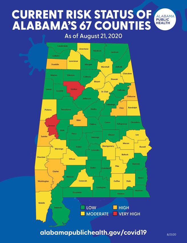 The Aug. 21 state graphics from the Alabama Department of Public Health showing the risk of counties to COVID-19.