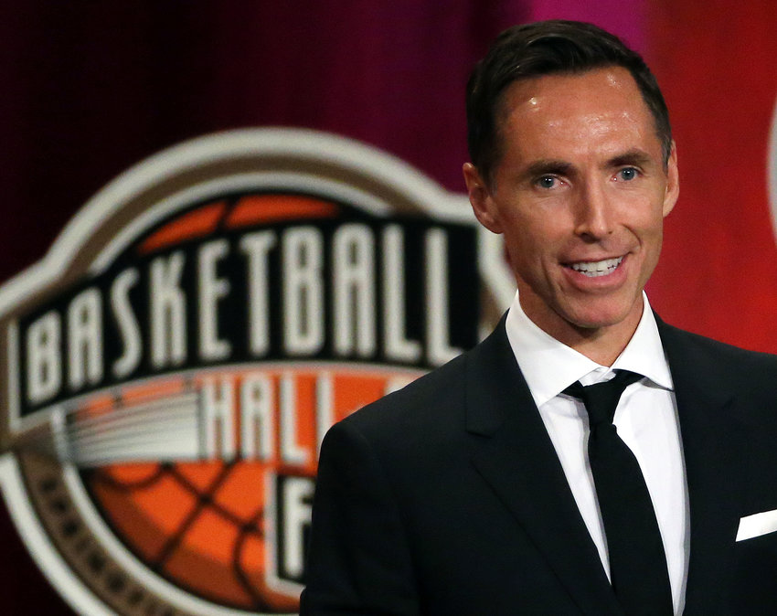 FILE - In this Sept. 7, 2018, file photo, Steve Nash speaks during induction ceremonies at the Basketball Hall of Fame, in Springfield, Mass. The Brooklyn Nets hired Steve Nash as their coach Thursday, Sept. 3, 2020, putting the Hall of Fame point guard in charge of the team that hopes to have Kevin Durant and Kyrie Irving together next season. (AP Photo/Elise Amendola, File)