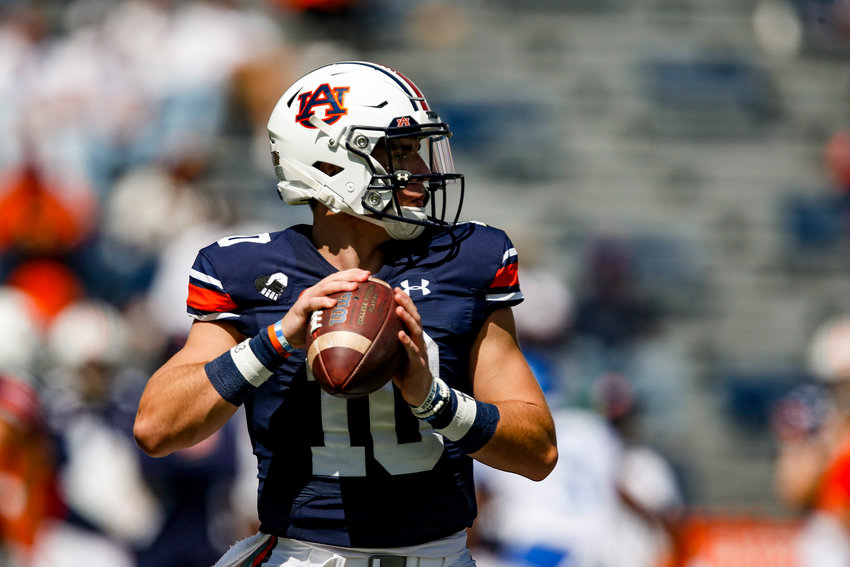 Auburn quarterback Bo Nix (10) throws a pass against Kentucky during the second quarter of an NCAA college football game on Saturday, Sept. 26, 2020 in Auburn, Ala. (AP Photo/Butch Dill)
