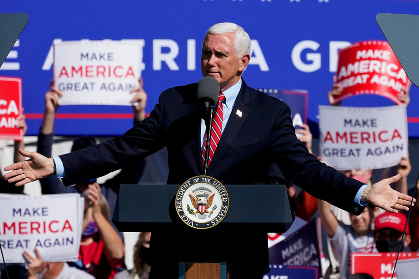 Vice President Mike Pence speaks at a campaign rally, Friday, Oct. 30, 2020, in Flagstaff, Ariz. (AP Photo/Matt York)