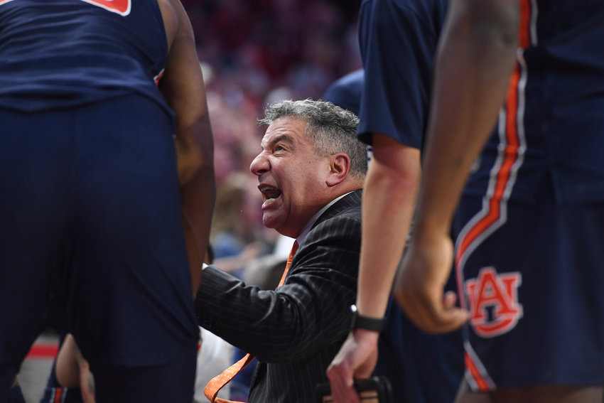 Auburn coach Bruce Pearl against Arkansas during the second half of an NCAA college basketball game Tuesday, Feb. 4, 2020, in Fayetteville, Arkansas. (AP Photo/Michael Woods)