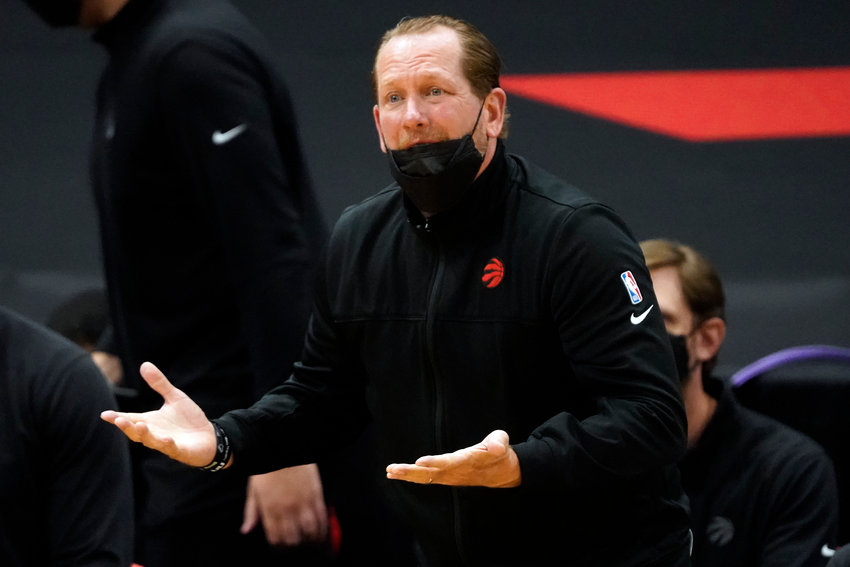Toronto Raptors head coach Nick Nurse questions a foul call against the Utah Jazz during the first half of an NBA basketball game Friday, March 19, 2021, in Tampa, Fla. (AP Photo/Chris O'Meara)