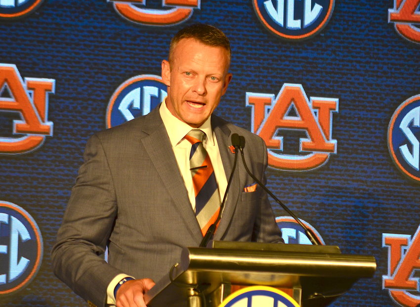 Auburn football coach Bryan Harsin answers a question during SEC Media Days in Hoover on Thursday. Harsin is entering his first season the Tigers' head coach.