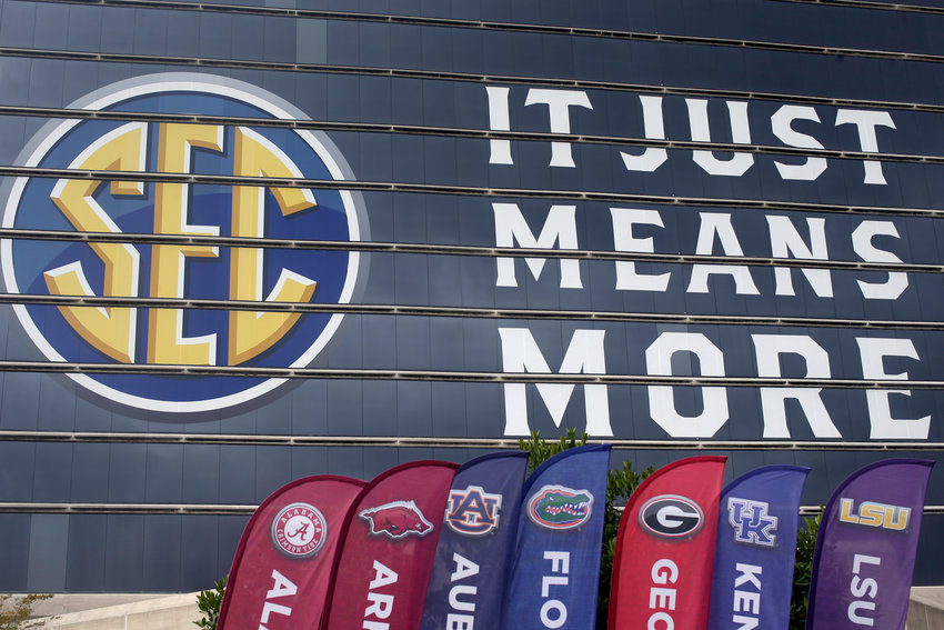 The SEC logo is displayed at the Hyatt Regency hotel, site of the NCAA college football Southeastern Conference Media Days in July.