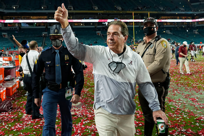 Alabama head coach Nick Saban leaves the field after their win against Ohio State in an NCAA College Football Playoff national championship game, Tuesday, Jan. 12, 2021, in Miami Gardens, Fla. Alabama won 52-24. (AP Photo/Lynne Sladky)