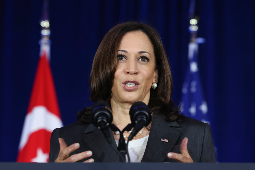 U.S. Vice President Kamala Harris delivers a speech at Gardens by the Bay in Singapore before departing for Vietnam on the second leg of her Asia trip, August, 24, 2021. REUTERS/Evelyn Hockstein/Pool