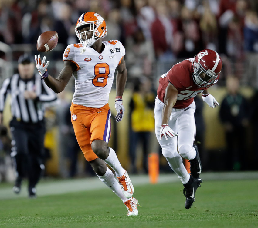 Clemson's Justyn Ross makes a one-handed catch in front of Alabama's Josh Jobe during the second half of the NCAA college football playoff championship game,  Monday, Jan. 7, 2019, in Santa Clara, Calif. (AP Photo/Ben Margot)