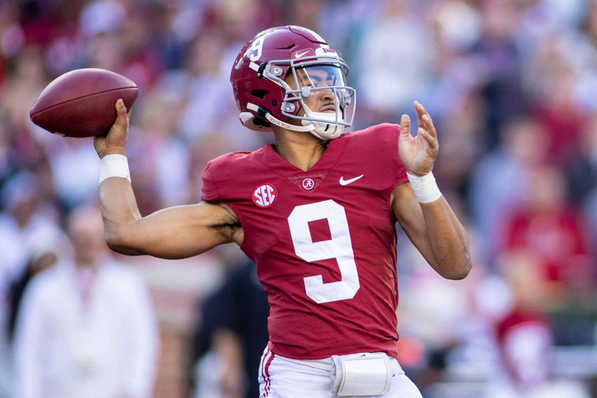 Alabama quarterback Bryce Young (9) throws against Arkansas during the first half of an NCAA college football game, Saturday, Nov. 20, 2021, in Tuscaloosa, Ala. (AP Photo/Vasha Hunt)