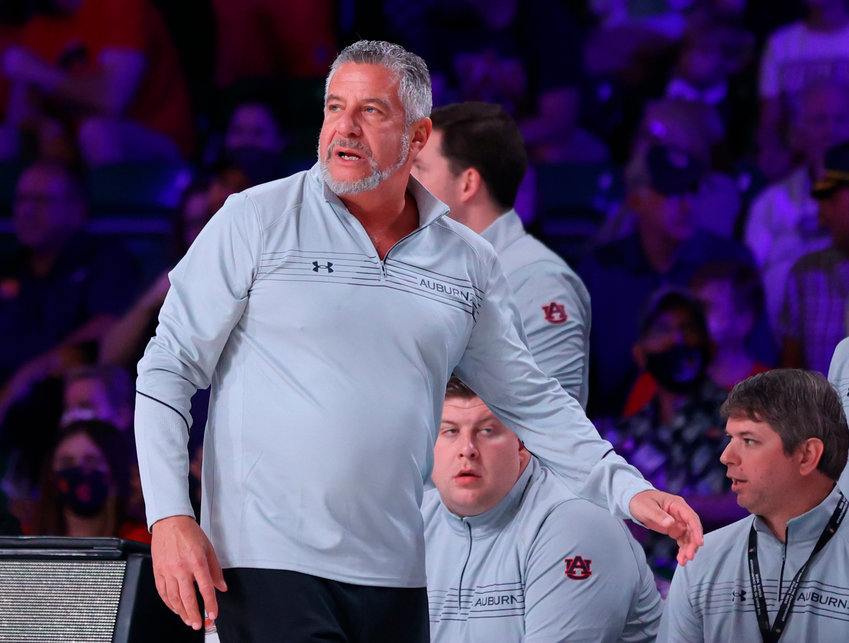 Auburn Tigers head coach Bruce Pearl at the Bad Boy Mower&rsquo;s Women&rsquo;s Battle 4 Atlantis Monday, November 22, 2021 at Atlantis, Paradise Island in the Bahamas. (Photo by Tim Aylen)