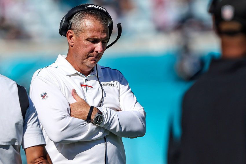 Jacksonville Jaguars head coach Urban Meyer stands on the sideline during the final minutes of an NFL football game against the Arizona Cardinals, Sunday, Sept. 26, 2021, in Jacksonville, Fla. The Cardinals defeated the Jaguars 31-19. (AP Photo/Gary McCullough)