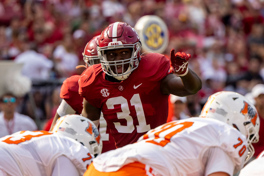 FILE - Alabama linebacker Will Anderson Jr. (31) lines up against Mercer during the first half of an NCAA college football game, Sept. 11, 2021, in Tuscaloosa, Ala. (AP Photo/Vasha Hunt, File)