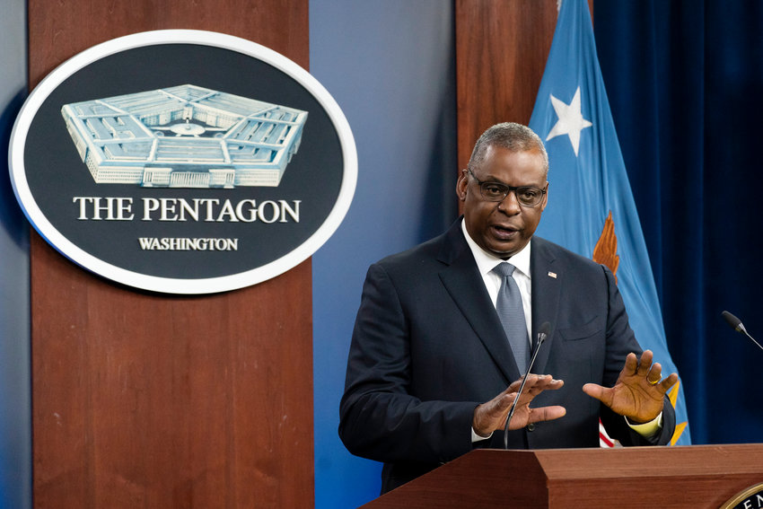 FILE - Secretary of Defense Lloyd Austin speaks during a media briefing at the Pentagon, Nov. 17, 2021, in Washington. A federal judge in Texas has granted a preliminary injunction stopping the Navy from acting against 35 sailors for refusing on religious grounds to comply with an order to get vaccinated against COVID-19. The injunction is a new challenge to Defense Secretary Lloyd Austin's decision to make vaccinations mandatory for all members of the military. (AP Photo/Alex Brandon, File)