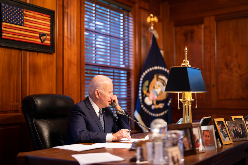 President Joe Biden holds a phone call with Russian President Vladimir Putin, Thursday, December 30, 2021, at his private residence in Wilmington, Delaware. (Official White House Photo by Adam Schultz)