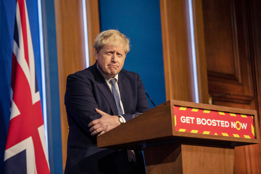 FILE - Britain's Prime Minister Boris Johnson pauses during a  coronavirus media briefing in Downing Street, London, Tuesday, Jan. 4, 2022. (Jack Hill, Pool Photo via AP, File)