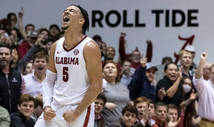 Alabama guard Jaden Shackelford (5) celebrates after causing a turnover against LSU during their game Wednesday in Tuscaloosa.