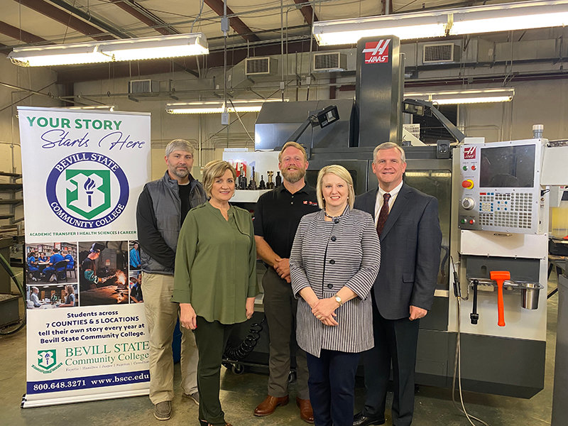 The Gene Haas Foundation has made a contribution to Bevill State Community College for scholarships. Pictured, from left to right, is Shane Morrow (BSCC machine tool technology instructor), Maurice Ingle (BSCC director of career technical education), Jason Siler (Haas representative), Dr. Leslie Hartley (BSCC vice-president of instructional and student services) and Dr. Joel Hagood (president of Bevill State Community College).