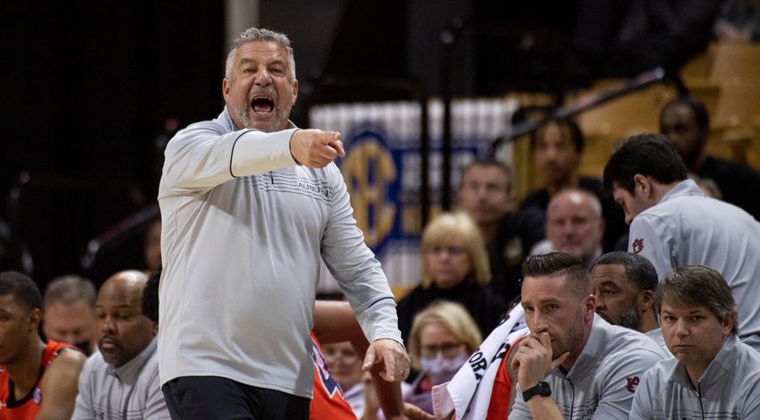 Auburn head coach Bruce Pearl argues a call during the first half of an NCAA college basketball game against Missouri Tuesday, Jan. 25, 2022, in Columbia, Mo. (AP Photo/L.G. Patterson)