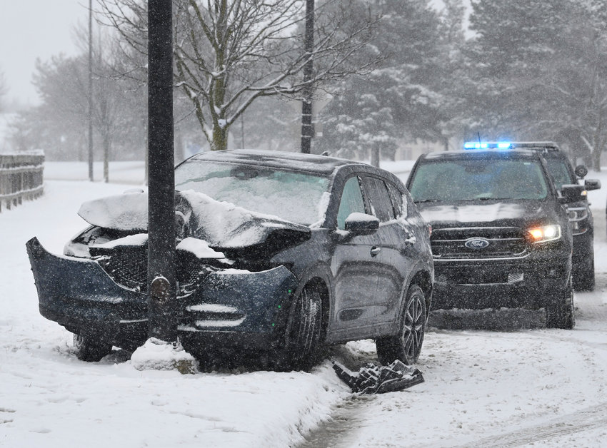 A weather related accident, with air bags deployed, on W. Eisenhower Parkway in Ann Arbor, Michigan on February 2, 2022.   (Image by Daniel Mears/ The Detroit News)..