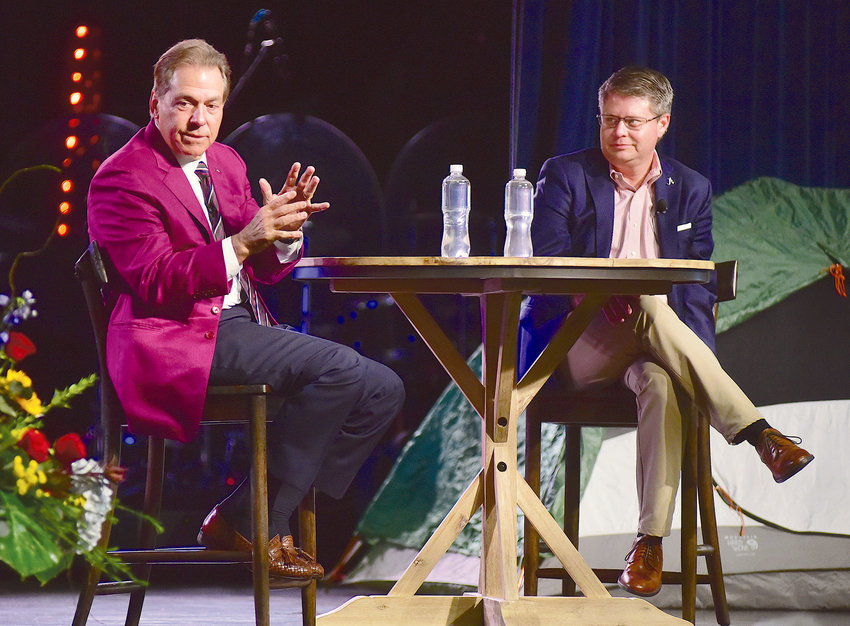 Alabama football coach Nick Saban and emcee Chris Stewart sit on the stage during the Black Warrior Council&rsquo;s 10th Annual E.A. &ldquo;Larry&rdquo; Drummond Achievement Award Luncheon at the Jasper Civic Center on Friday.